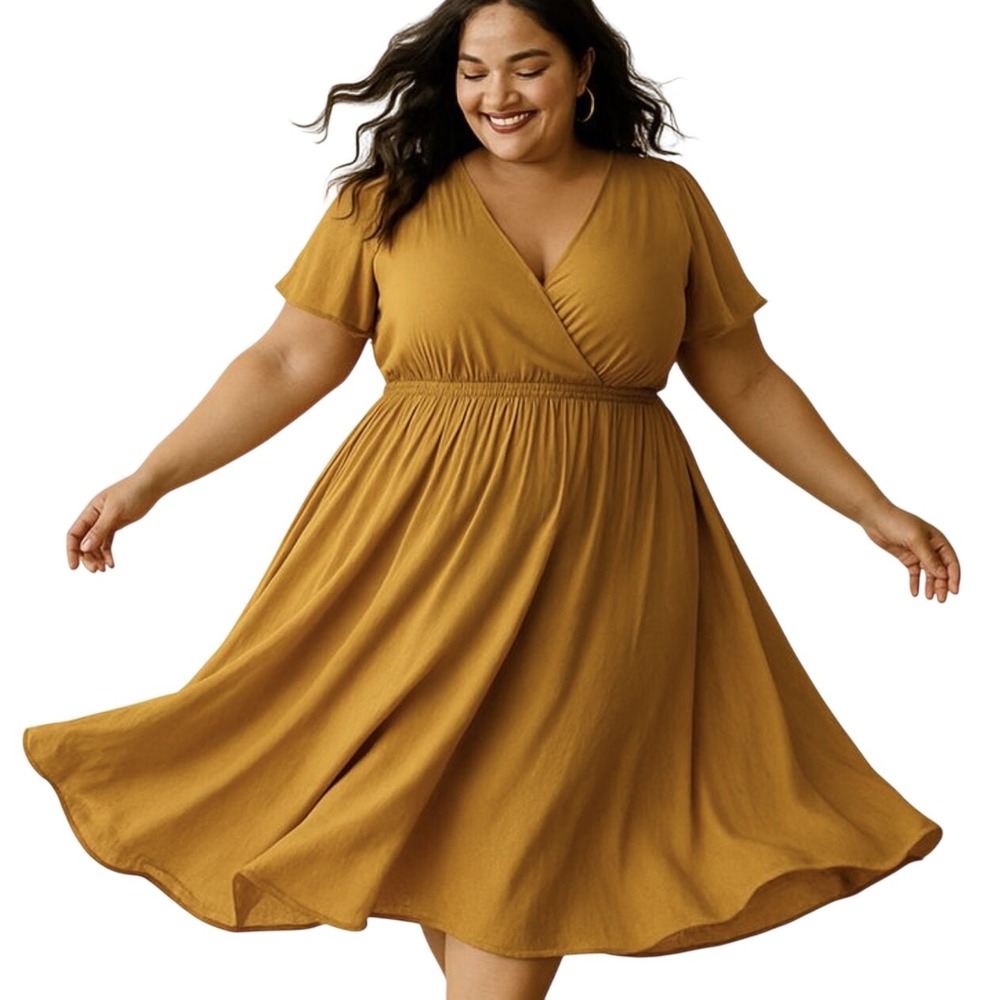 Lane Bryant Mustard Yellow‎ Faux Wrap Flutter Sleeve Comfy Dress Size 22/24
